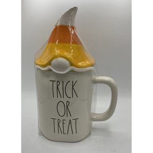 Rae Dunn Halloween TRICK OR TREAT Mug With Candy Corn Gnome Topper Lid NEW